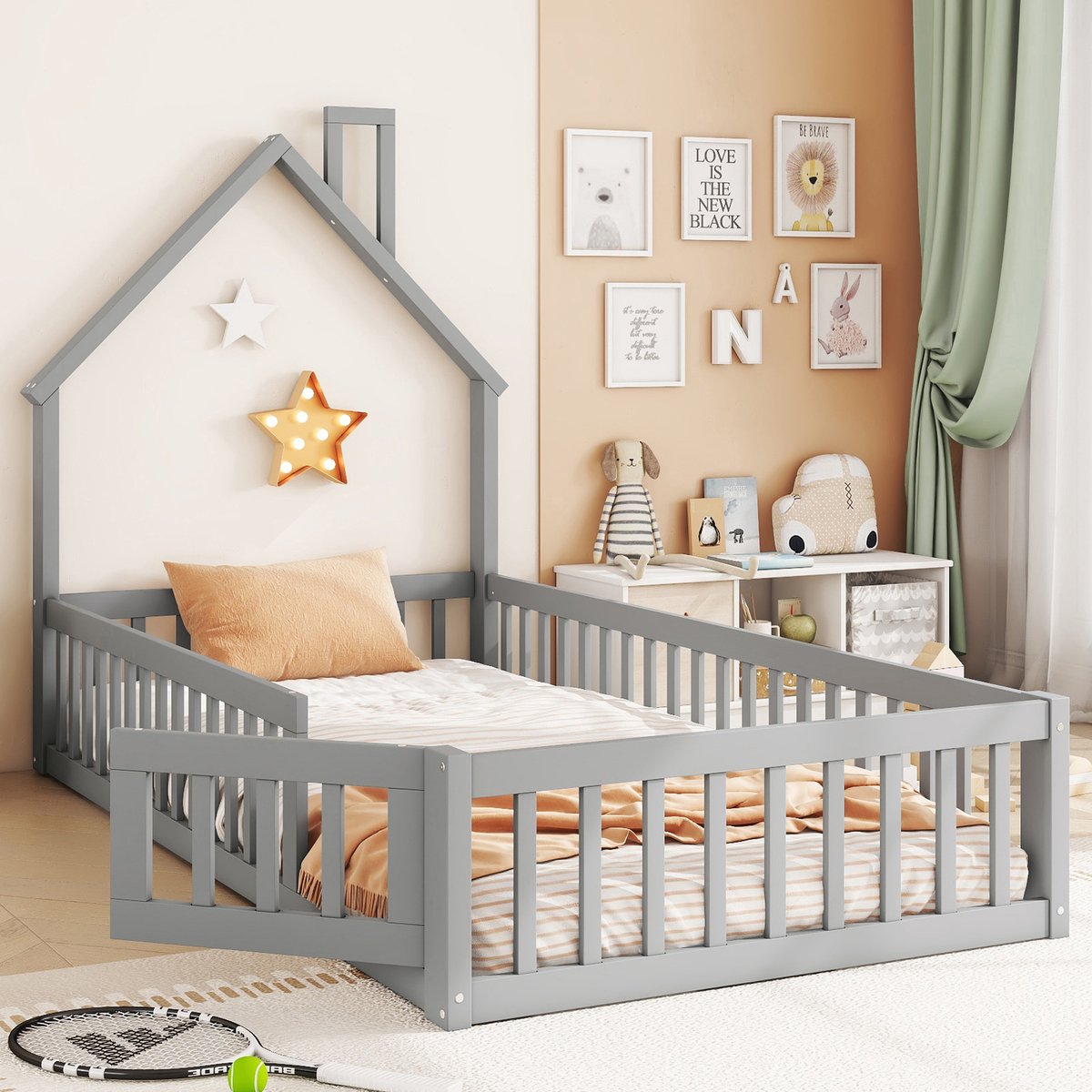 Kinderbed in huisvorm 90x200 cm - Met schoorsteenontwerp - Grijs - Grenenhout en MDF - Inclusief lattenbodem - Veiligheidsrek - Minimalistisch - 1 pakket