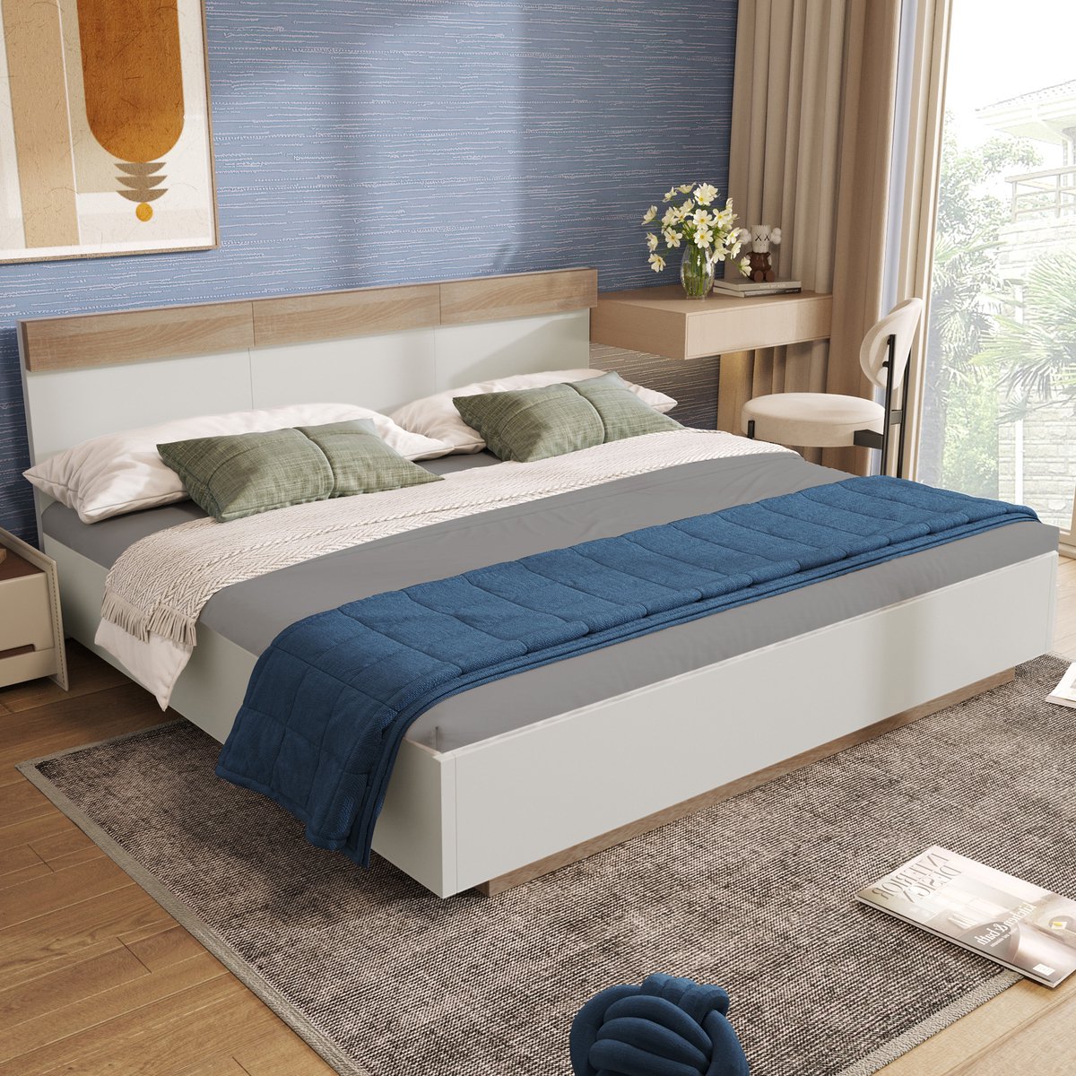 Zwevend houten bed met tweekleurig hoofdeinde - 140x200 cm - 2 personen - Sonoma-eiken en wit - Modern zwevend ontwerp - Comfortabele instaphoogte - Inclusief lattenbodem
