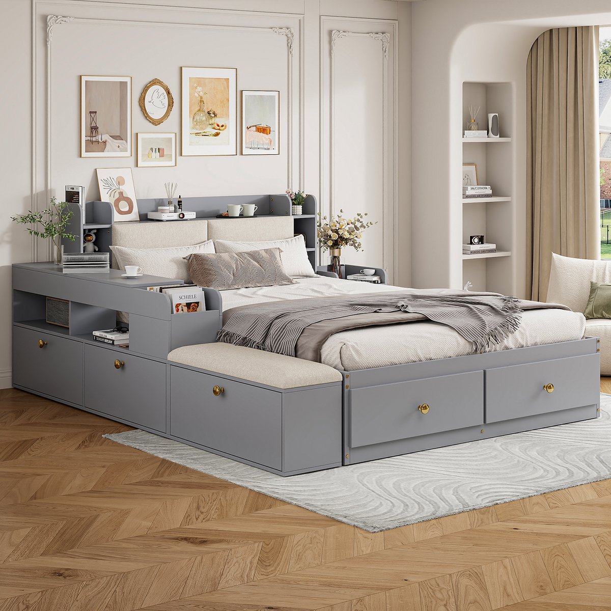 Massief houten combinatiebed met opbergruimte en bank - 140x200 cm tweepersoons - Grijs - Hoofdbord met opbergvak en kussens - Inclusief ladekast, nachtkastje en sofa - 2 schuifladen