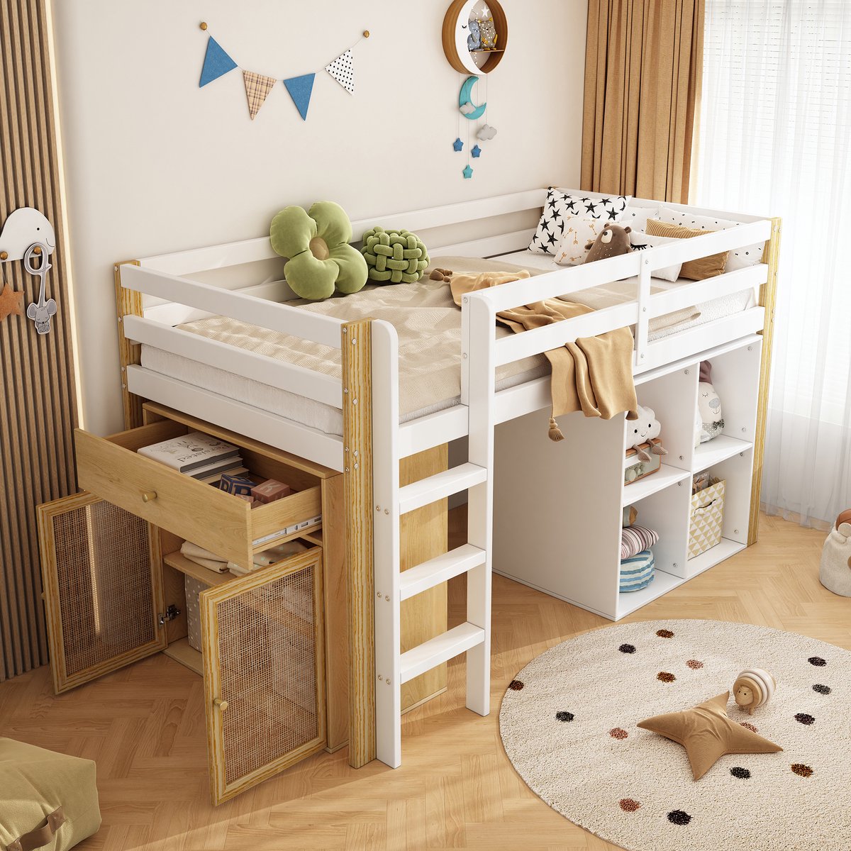 Kinder hoogslaper met 2 opbergkasten en ladder - 90x200 cm eenpersoons - Natuur en wit - Multifunctioneel massief houten frame - Inclusief lattenbodem