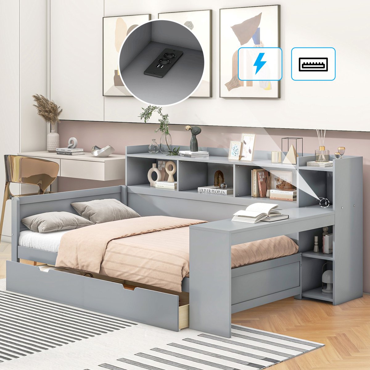 Dagbed slaapbank - complete werk- en slaapplek met bureau en opbergruimte - 90x200 cm eenpersoons - Grijs - Nachtkastplateau, 2 schuifladen en opbergvak onder bureau - Stopcontact & USB-oplaadpoorten