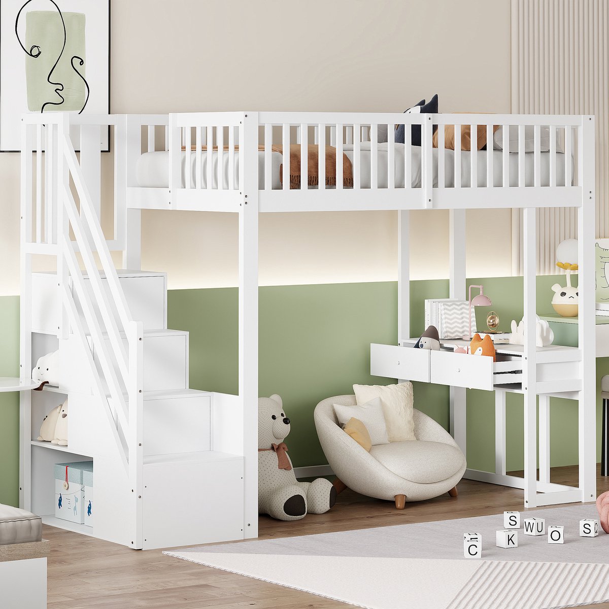 Hoogslaper 90x200 cm met bureau en opbergtrap - voor kinderkamer en tienerkamer - wit - massief grenen frame - opberglades in trap - inclusief lattenbodem