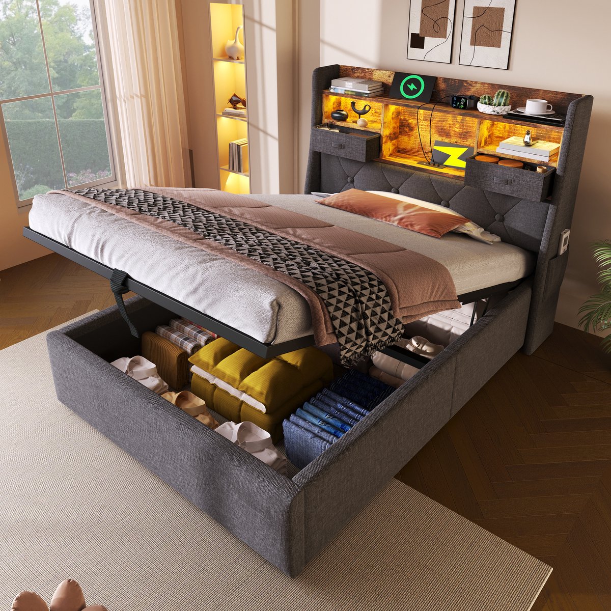 Gestoffeerd bed 90x200 cm - met hydraulische opbergruimte en LED-hoofdeinde - eenpersoons - grijs linnen - 4 USB/Type-C oplaadpoorten - lattenbodem inbegrepen
