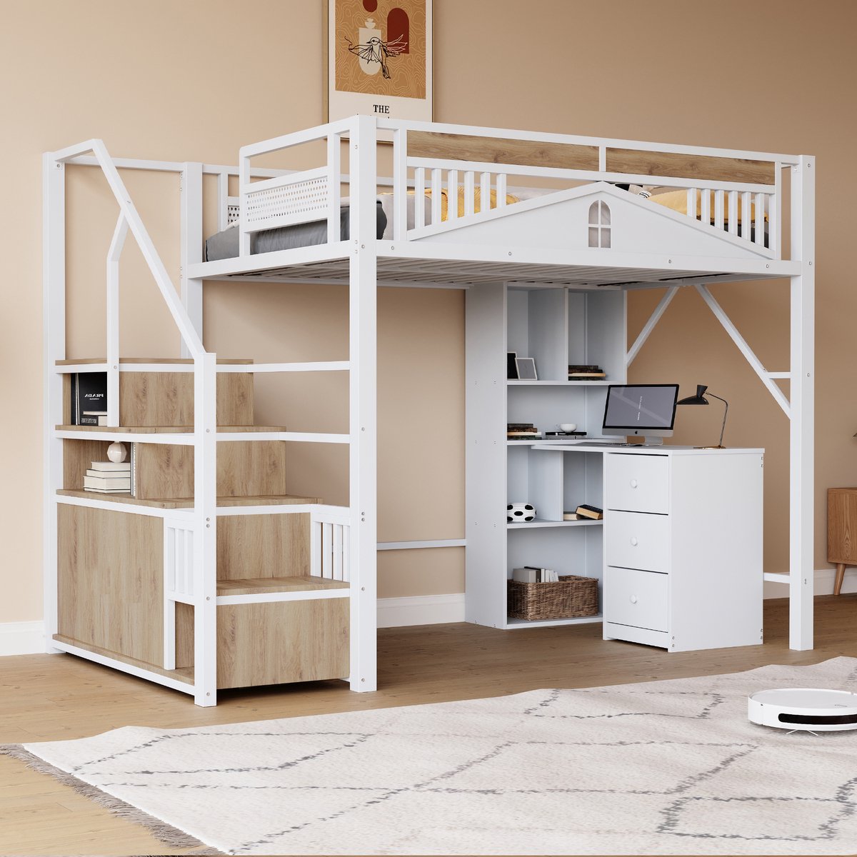 Metalen hoogslaper 140x200 cm - voor kinderkamer en tienerkamer - wit - uniek veiligheidsrek met raamdesign - opbergtrap met geïntegreerde kast - stevig stalen frame, tot 120 kg