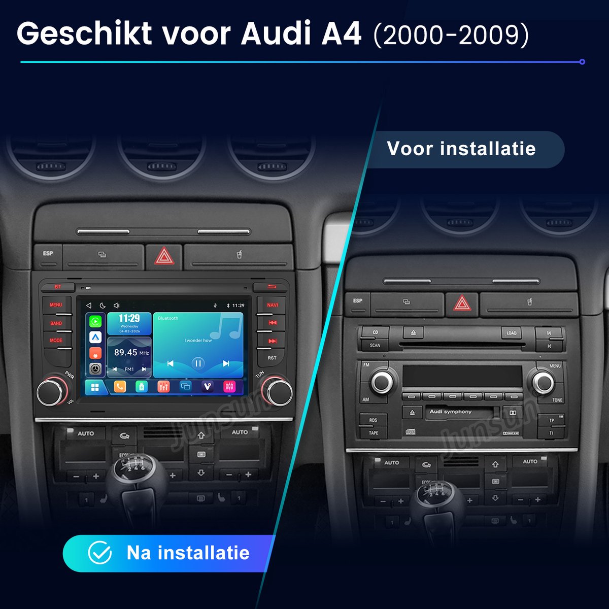 Junsun Linux Systeem Autoradio Geschikt voor Audi A4 8E B6 B7 2000-2009 - Draadloos Carplay & Andriod Auto - 7 Inch HD TouchScreen - Bluetooth - Navigatie - WiFi - FM - RDS- Airplay