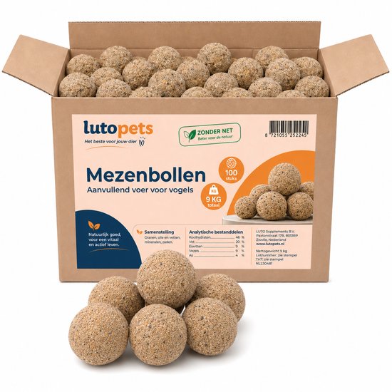Open kartonnen doos gevuld met 100 stuks LutoPets mezenbollen, 9 kg.