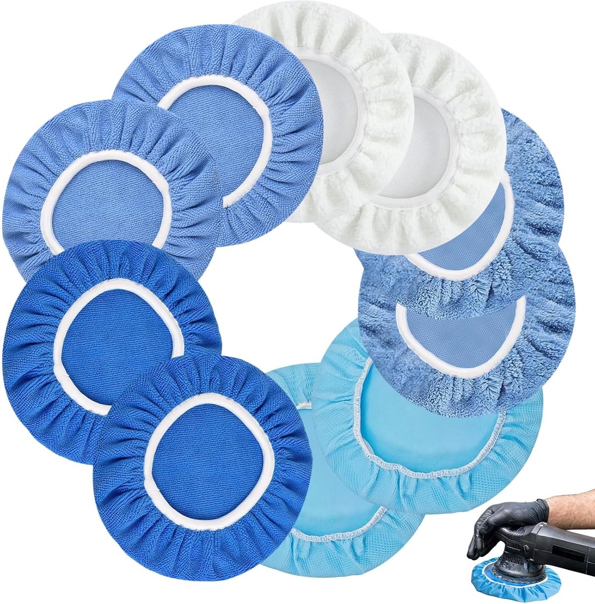 Polijstpads Set - Lichtblauw - 230-250 mm - Koraalvlies en Lamswol - Voor Auto, Meubels en Glas