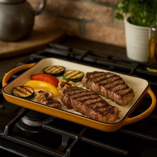 Gegoten IJzeren Pan - Grillplaat Braadpan - Vlees Vis Grillen - Geribbelde Roosteroppervlak - 39.5 cm Lengte - Oranje — afbeelding 3