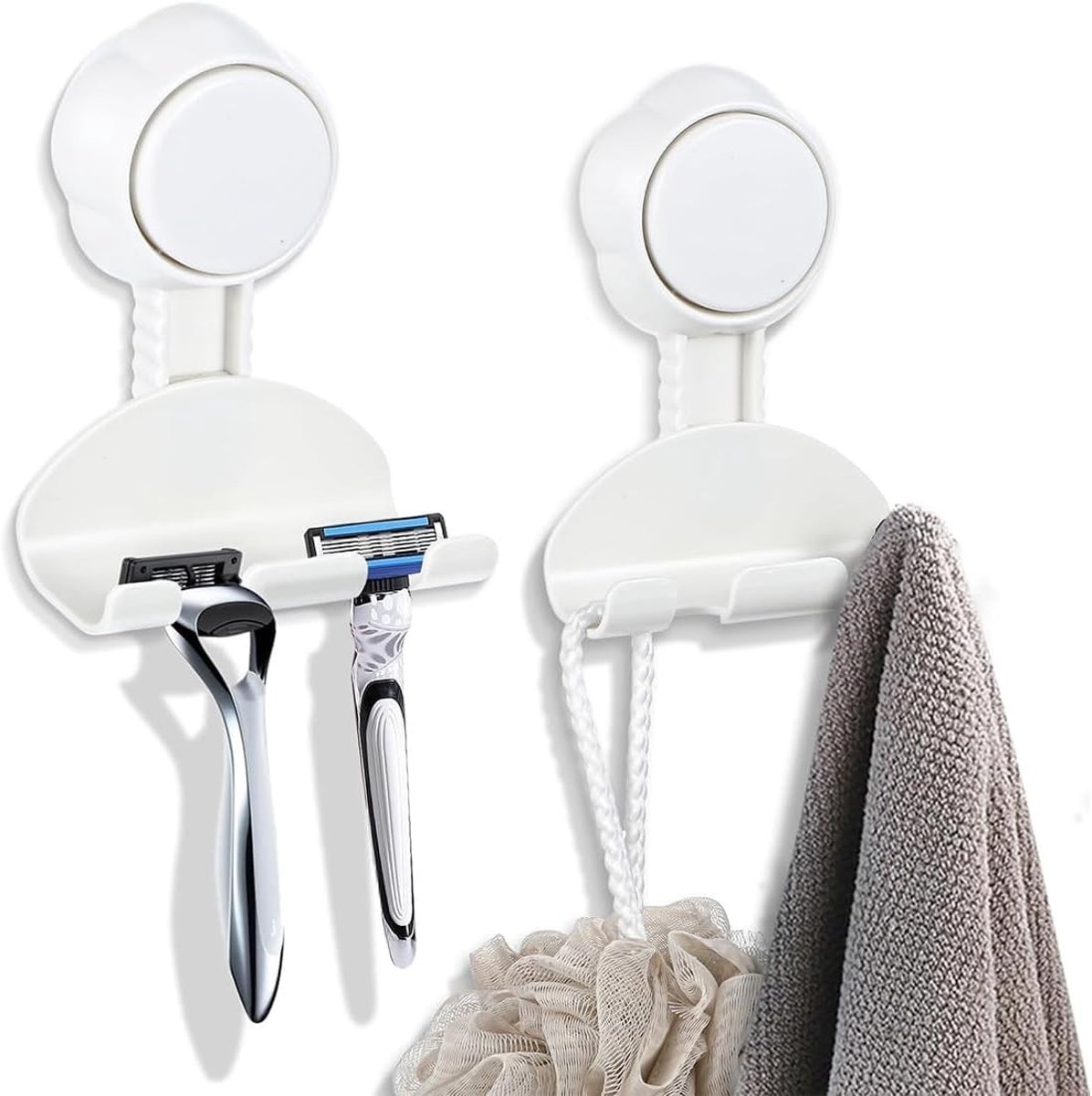 Set van 2 Zuignap Haakjes voor Badkamer en Douche, Extra Sterke Herbruikbare Zuignappen voor Handdoeken, Badjassen en Scheerapparaten, Geen Boren Nodig