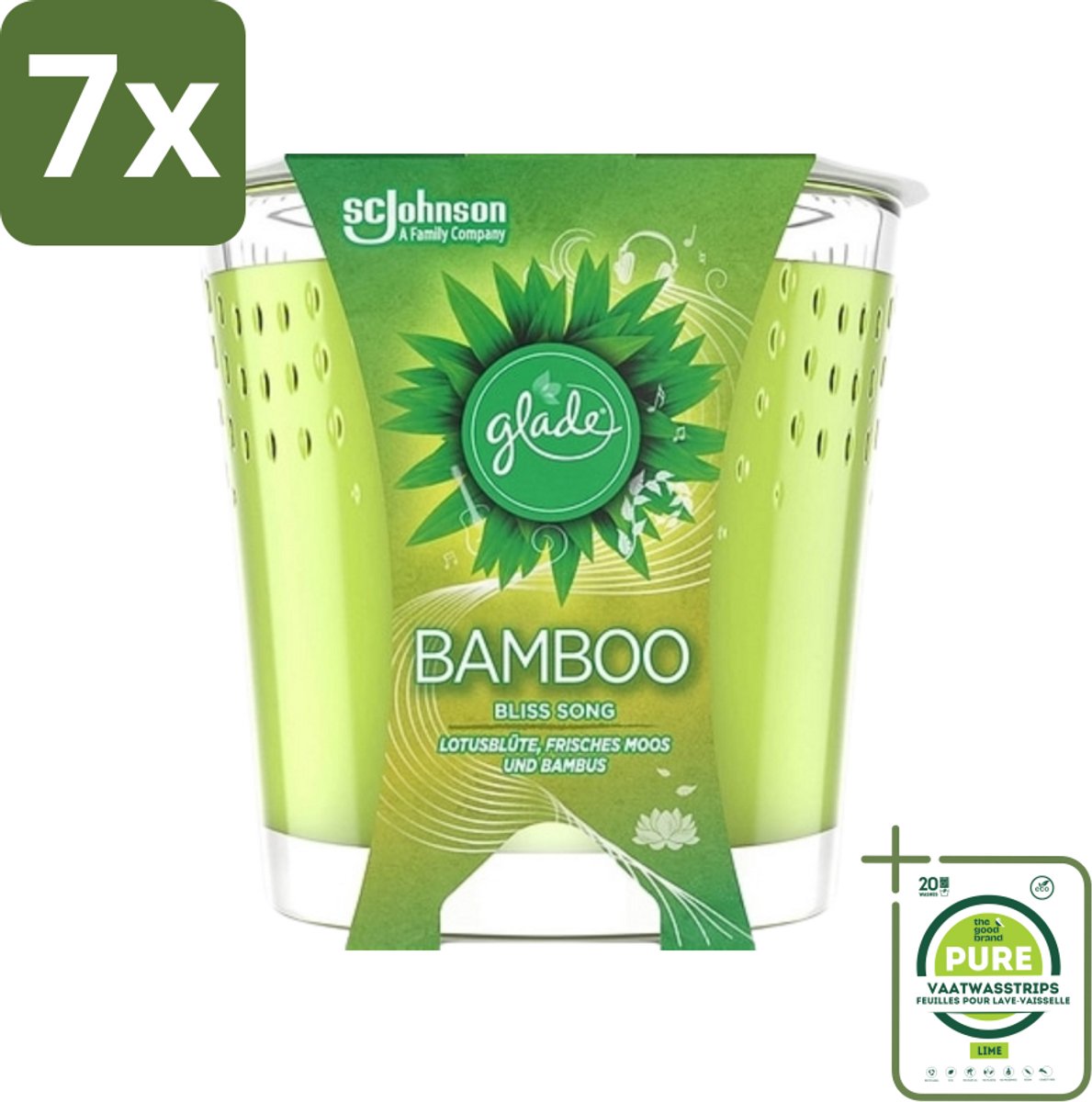 7 x Glade - Geurkaars - Bamboo Bliss Song - Frisse Geur & Relaxatie - 129 g - Grootverpakking - Bamboo Geur - Rustgevende Geur - Natuurlijke Geur - Ontspanning - Sfeer