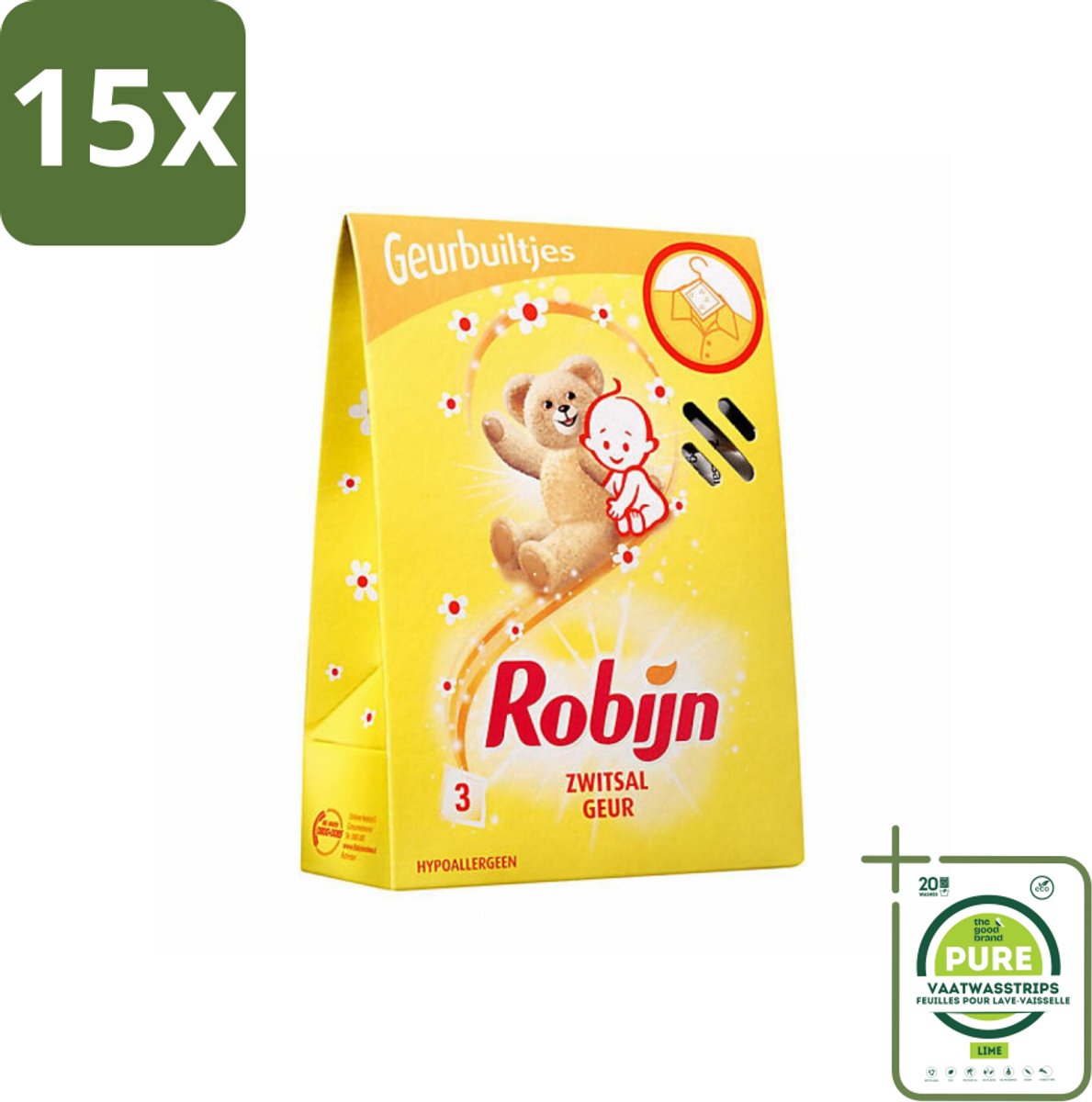 15 x Robijn Geurbuiltjes Zwitsal 3 stuks per verpakking - Grootverpakking - Zwitsal Geur - Babygeur - Geurbuiltjes - Kastgeur - Ladegeur