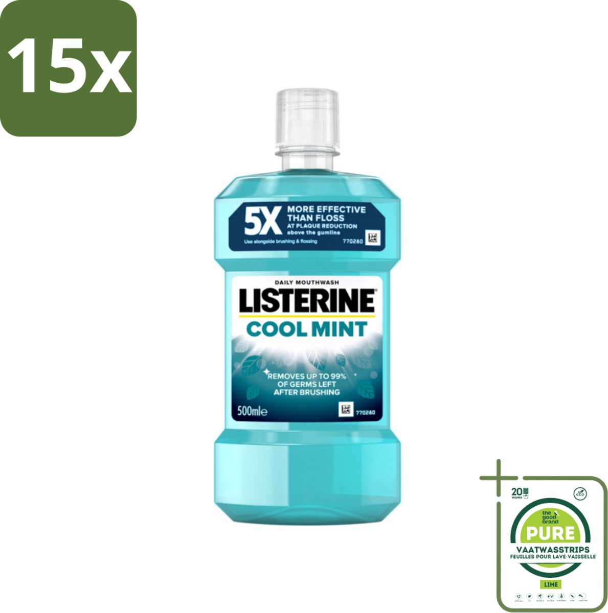 15 x Listerine - Mondwater - Cool Mint - Verfrissend - 500 ml - Grootverpakking - Mondwater - Mondspoeling - Antibacterieel Mondwater - Frisse Adem - Tandplak