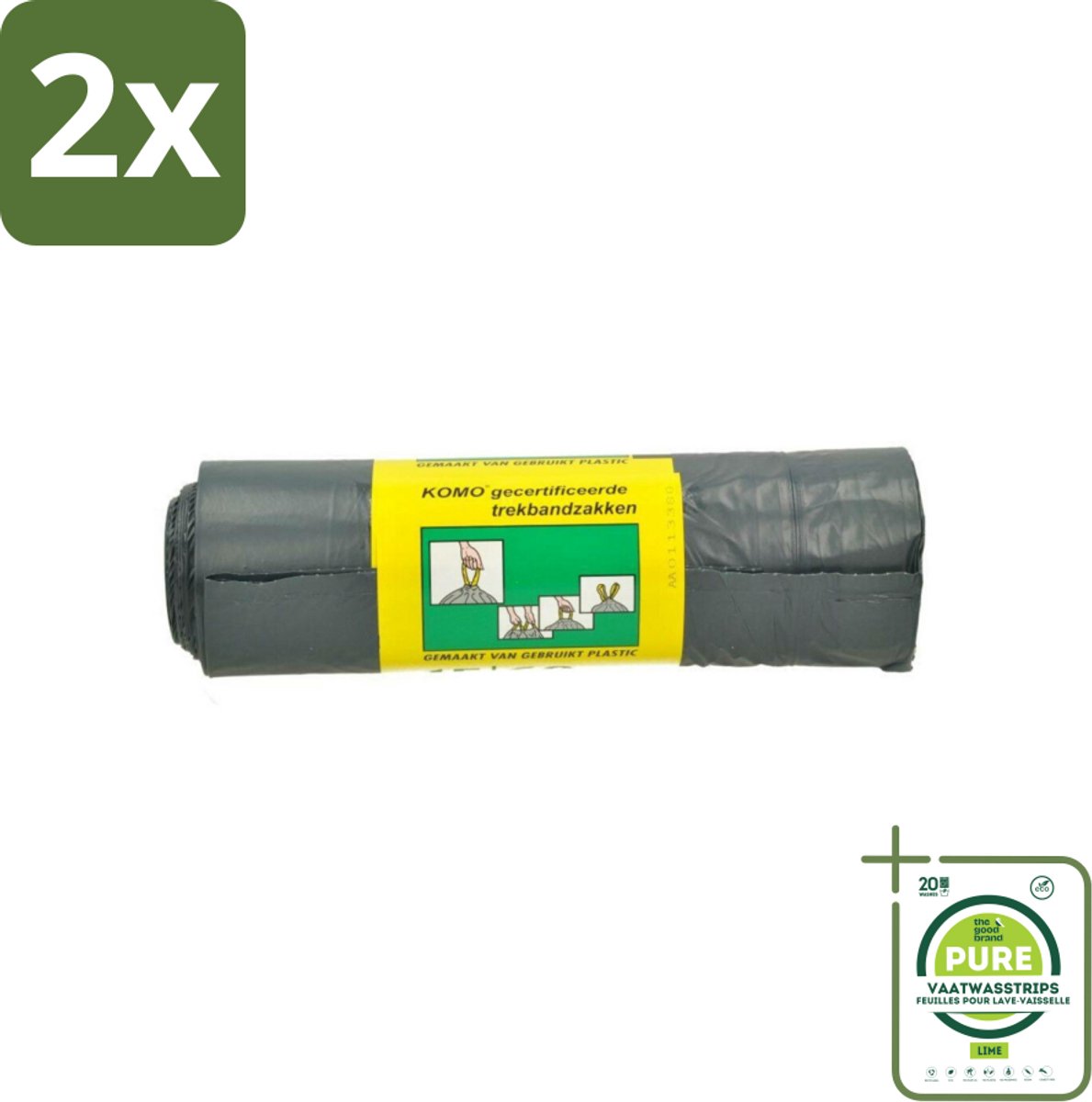 Komo Vuilniszakken Trekband 60L 15 stuks per verpakking - Voordeelverpakking - 2 stuks - Afvalzak 60 l - Trekband afvalzak