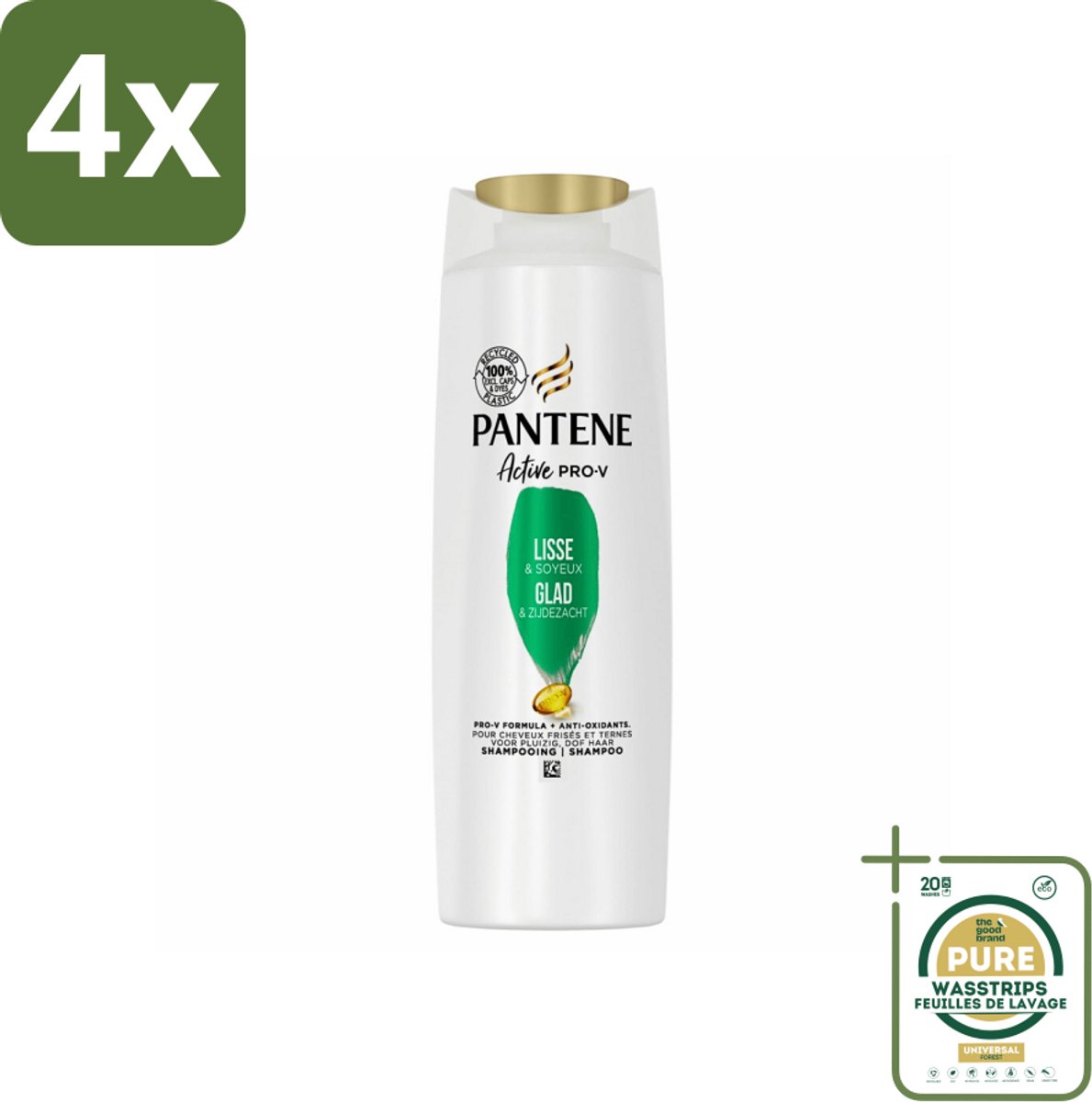 Pantene - Shampoo - Glad & Zijdezacht - Voedt en Versterkt - Voor Pluizig Haar - 225 ml - Voordeelverpakking - 4 stuks - Zijdezacht haar - Voeding haar