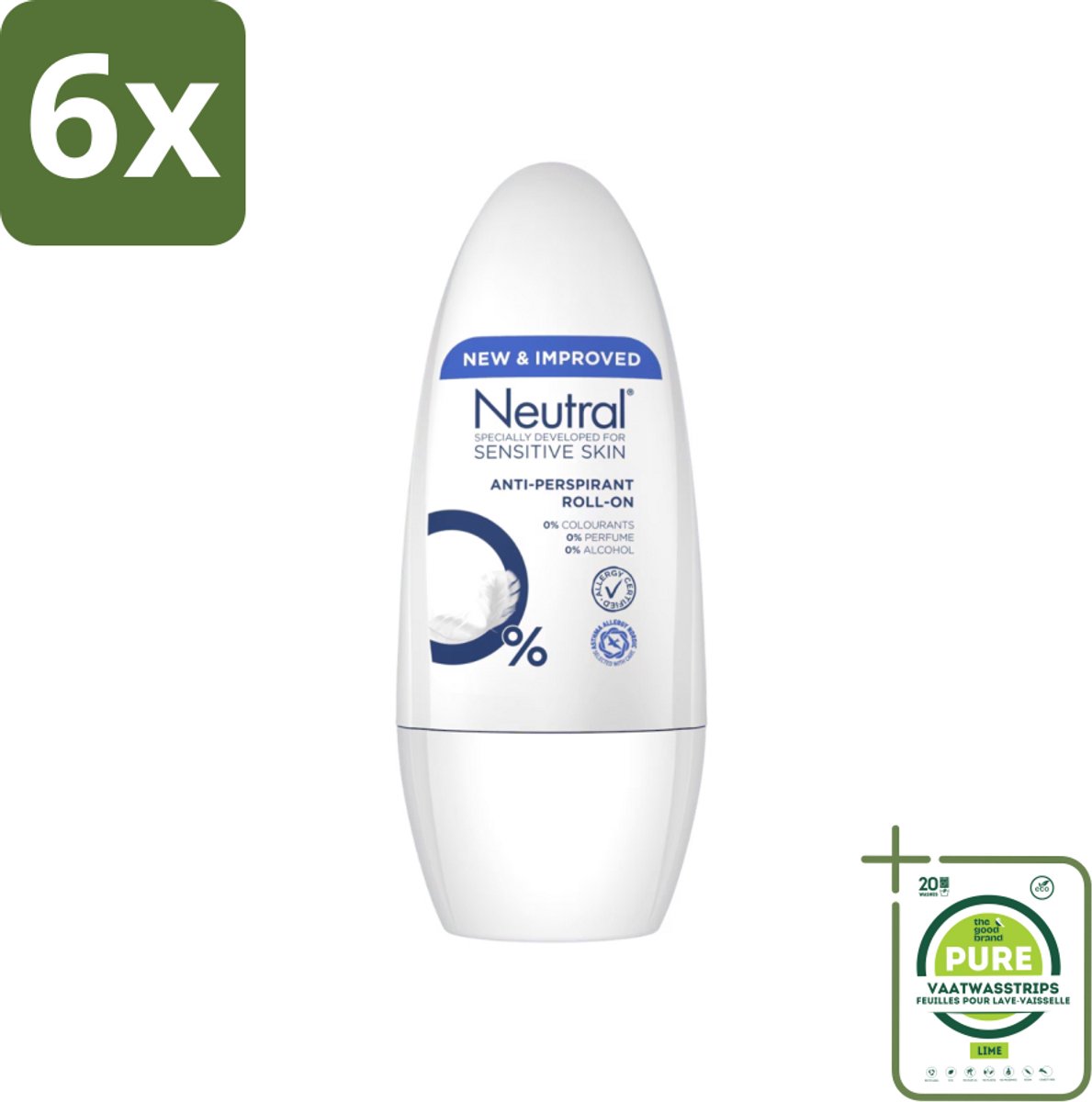 Neutral - Deodorant Roller - Gevoelige Huid - Anti-perspirant - 0% Parfum, Kleurstof & Alcohol - 50 ml - Voordeelverpakking - 6 stuks - Gevoelige huid - Anti-perspirant
