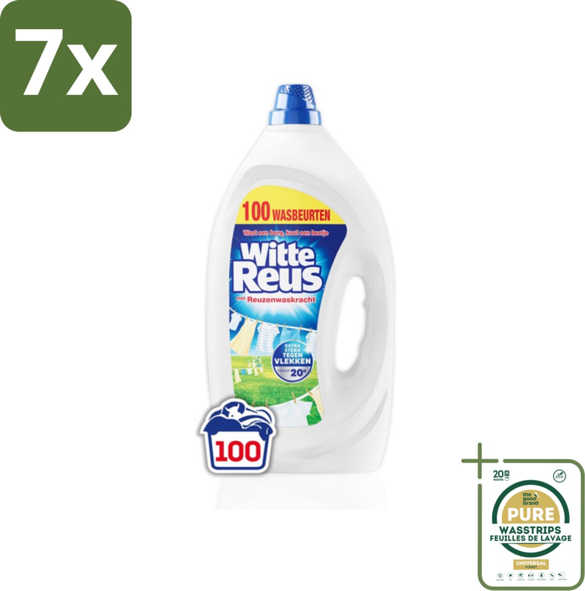 7 x Witte Reus Wasmiddel Gel 100 Wasbeurten 4,5 liter - Grootverpakking - Wasmiddel Gel - Witte Was - Vlekken Verwijderen - Koud Water Wassen - Energiezuinig Wassen