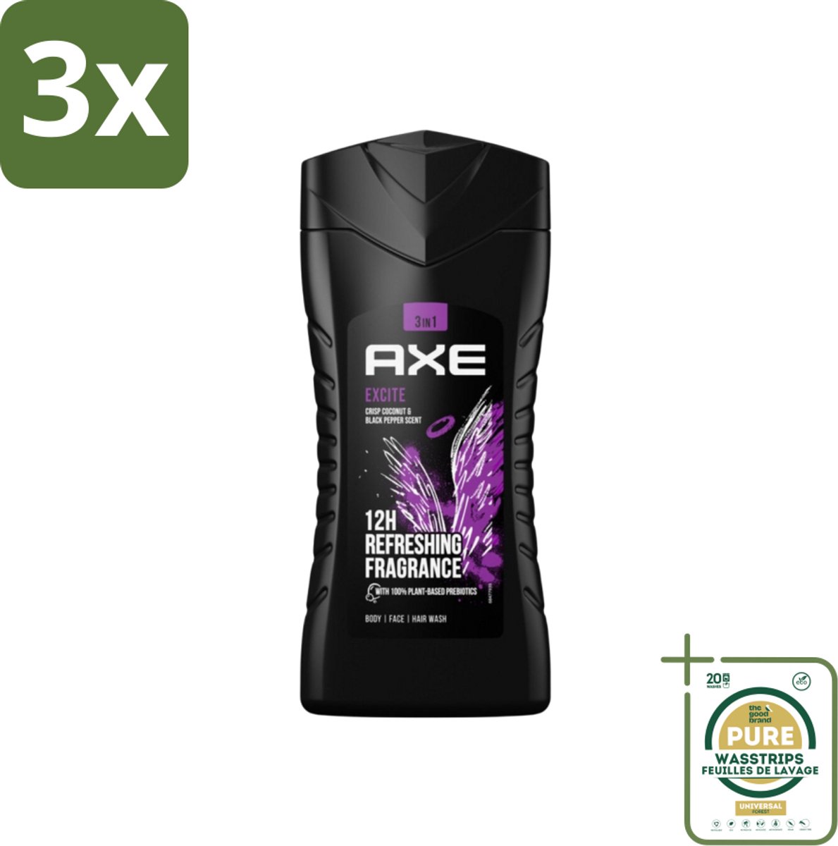 3 x Axe - 3-in-1 Douchegel - Excite - Douchegel - Crisp Coconut & Black pepper - 100% Plantaardig - 250 ml - Grootverpakking - Douchegel - Prebiotica - Kokosnoot - Zwarte Peper - Huid Verzorging