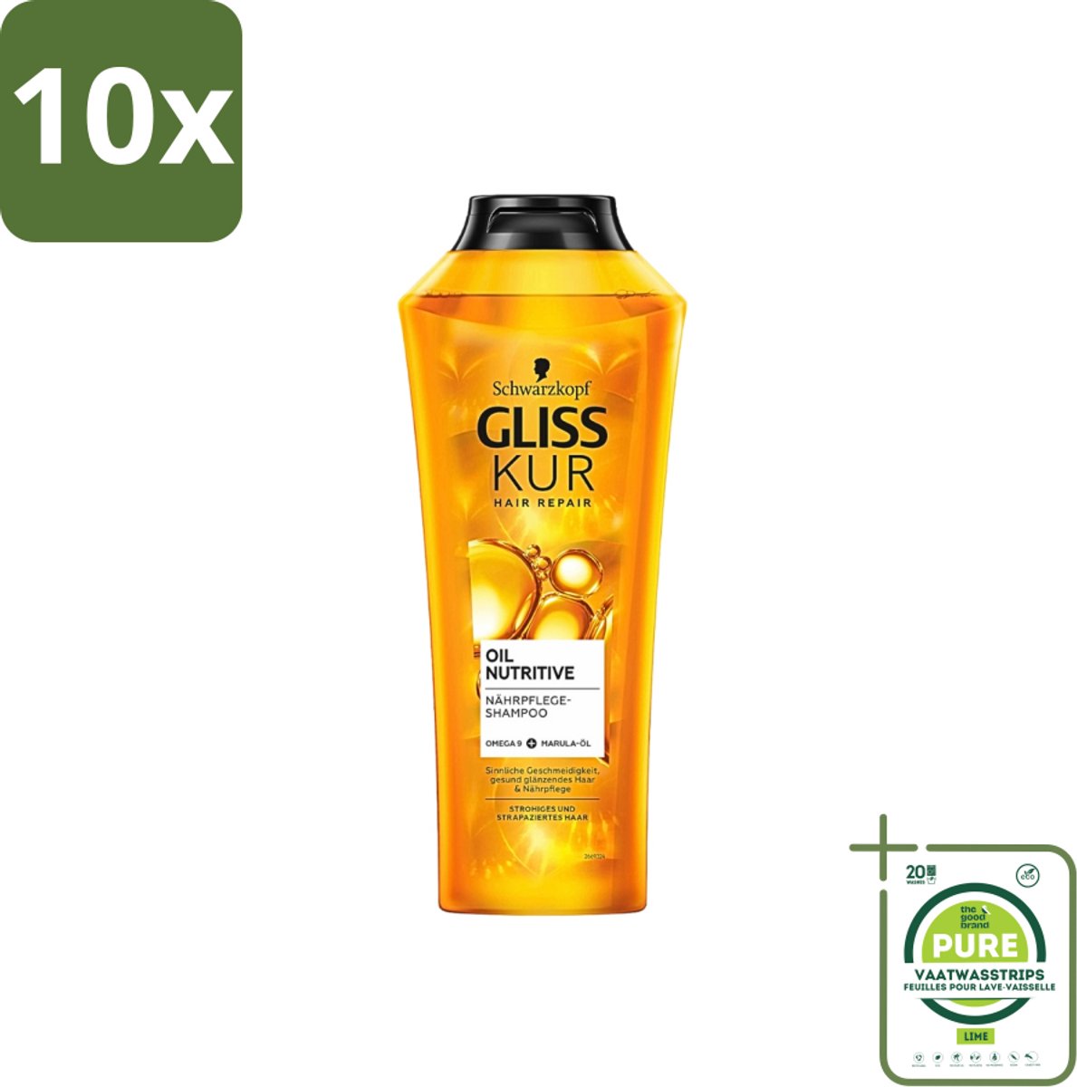 10 x Gliss-Kur - Shampoo - Oil Nutritive - Voedende Shampoo - Voor Stroef & Gespannen Haar - 400 ml - Grootverpakking - Shampoo Voor Stroef Haar - Voedend Shampoo - Hydraterend Shampoo - Haar Verzorging - Haar Verzorging Voor Gespannen Haar