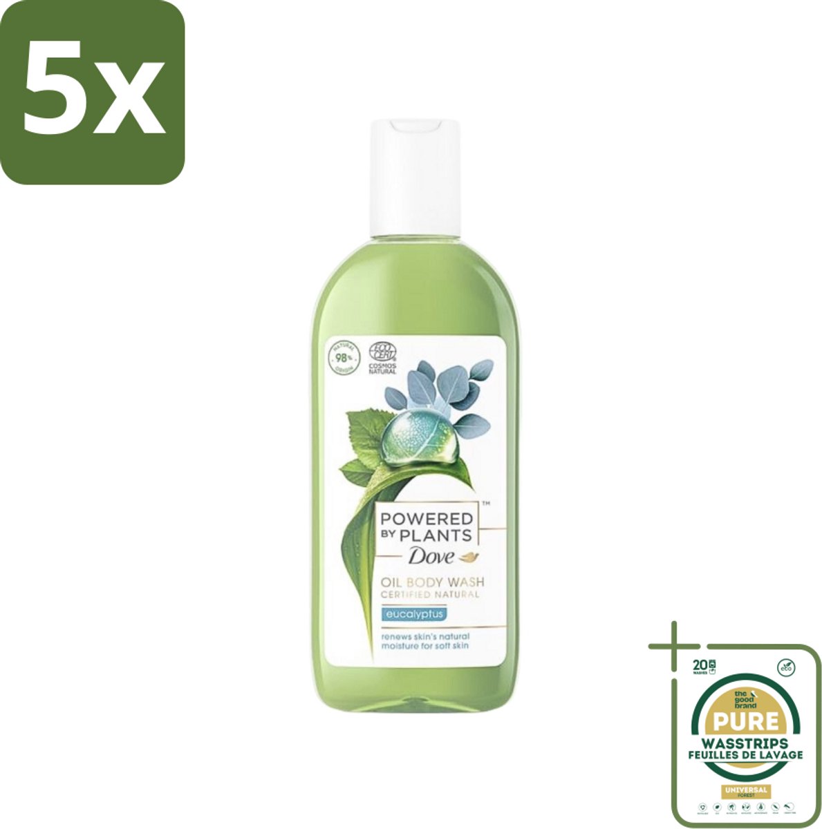 5 x Dove Powered by Plants - Oil Body Wash - Eucalyptus - 250 ml - Grootverpakking - Natuurlijke Verzorging - Eucalyptus - Olie - Lichaamsschoonmaak - Hydraterende Douche