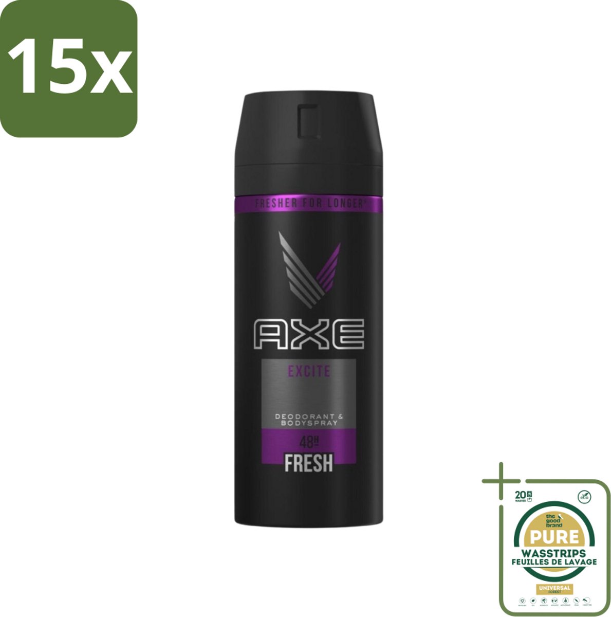 15 x Axe - Deodorant Bodyspray - 48hrs Fresh - Excite - 150 ml - Grootverpakking - 48 Uur Fris - Deodorant Spray - Kokosnoot Geur - Zwarte Peper Geur - Frisheid
