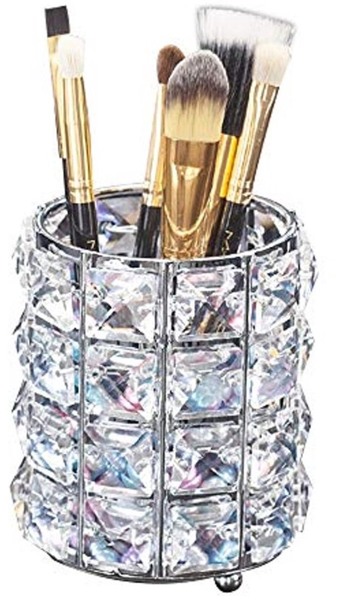 Elegante make-up borstelhouder organizer met gouden kristal en geometrisch ontwerp