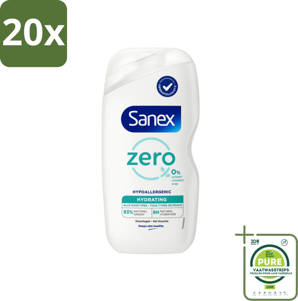 20 x Sanex Zero % - Douchegel - Hydrateert - Alle Huidtypes - 400 ml - Grootverpakking - Sanex Douchegel - Hydraterende Douchegel - Douchegel Zonder Sulfaten - Douchegel Zonder Kleurstoffen - Douchegel Voor Alle Huidtypes