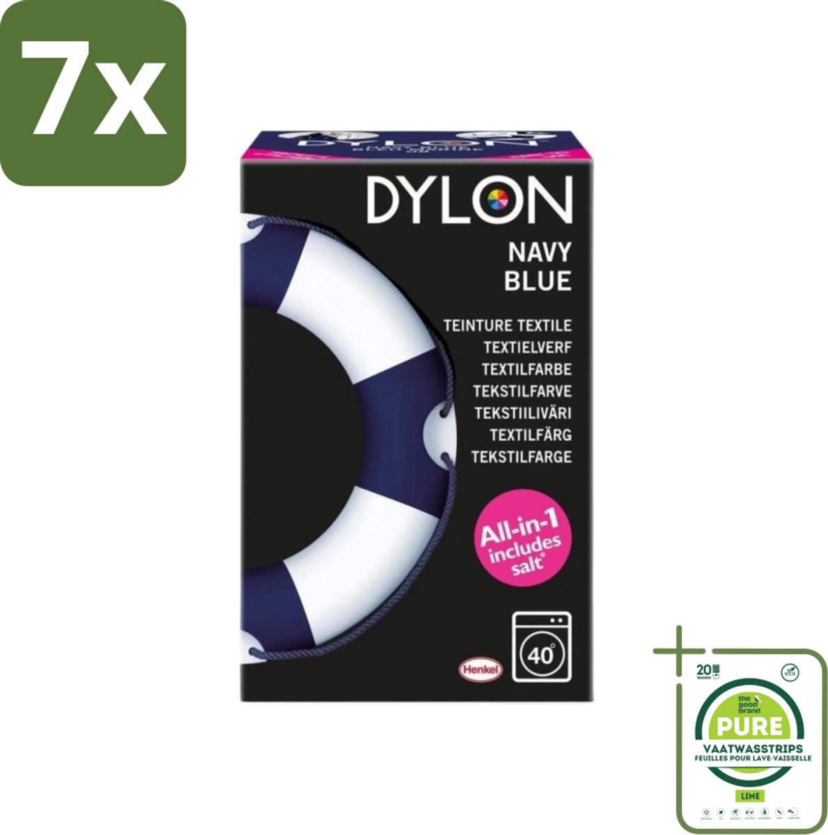 7 x Dylon - Textielverf - Navy Blue - All-in-One - Inclusief Zout - 350g - Grootverpakking - Textielverf - Kledingverf - Dylon Verf - Kleurtje Kleding - Stofverf