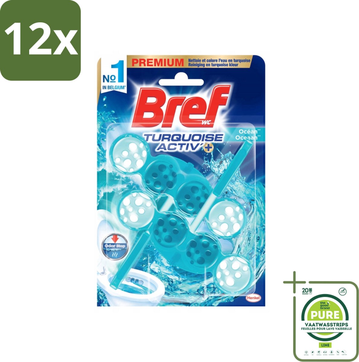 Bref WC - Turquoise Activ+ - Toiletblok - Oceaan - 2 Blokken - Voordeelverpakking - 12 stuks - Toiletblok - Toilet fris