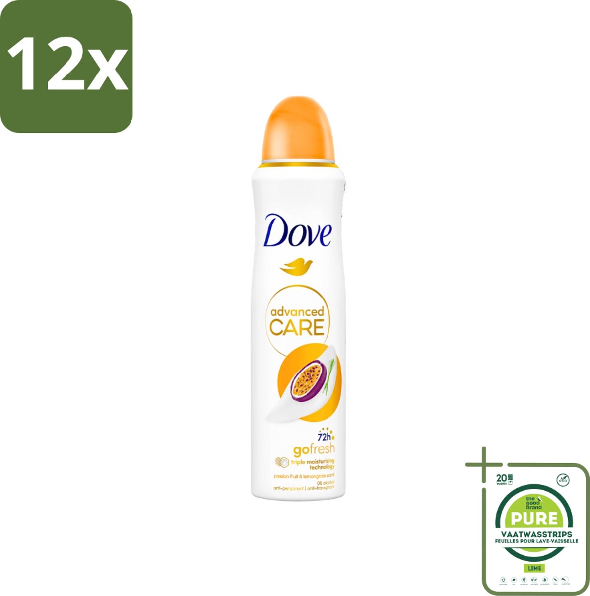 Dove - Deospray - Passievrucht & Citroengras - 150 ml - Voordeelverpakking - 12 stuks - Deodorant - Anti-transpirant