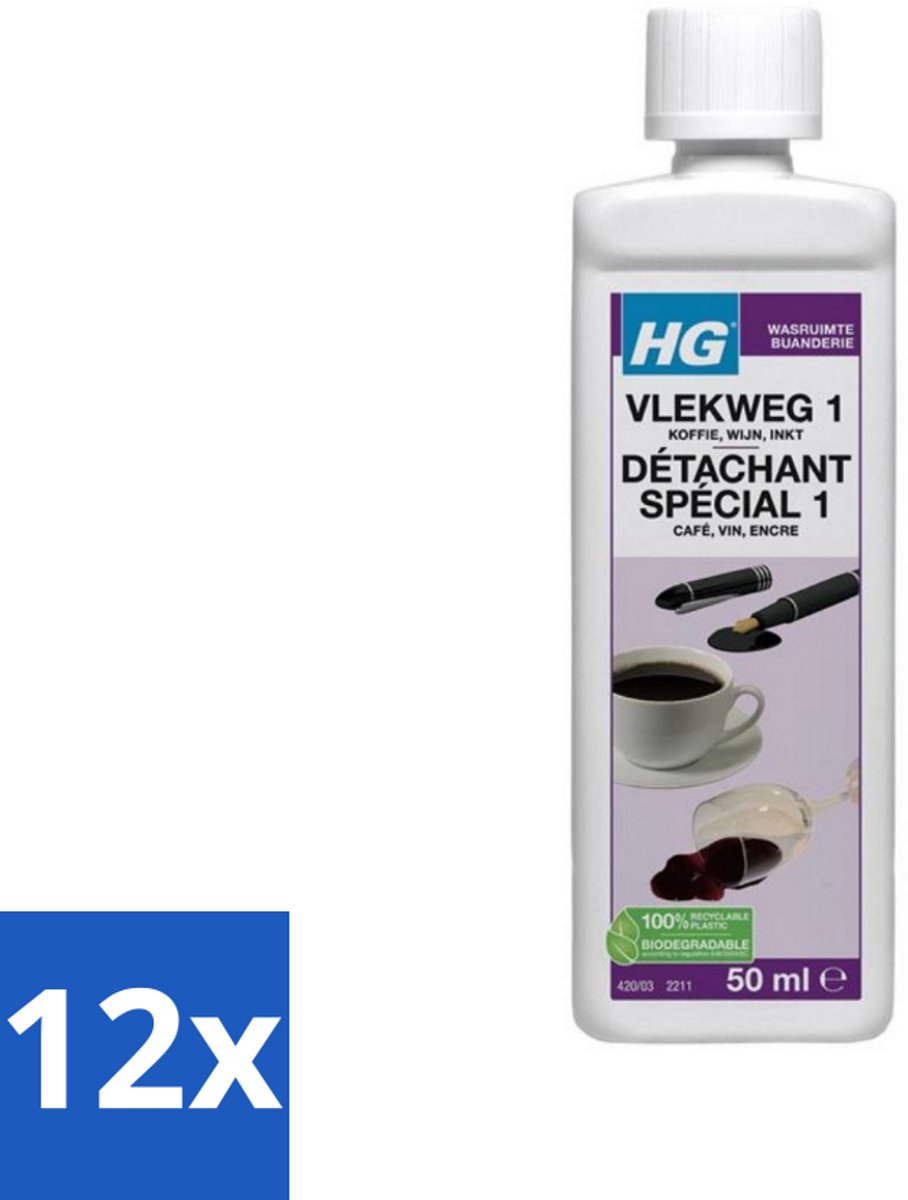 12 x HG - Wasruimte - Vlekweg 1 - Koffie, Wijn & Inkt - 50 ml - Vlekkenverwijderaar - Vlekken Uit Textiel - Koffie Vlekken - Wijn Vlekken - Inkt Vlekken