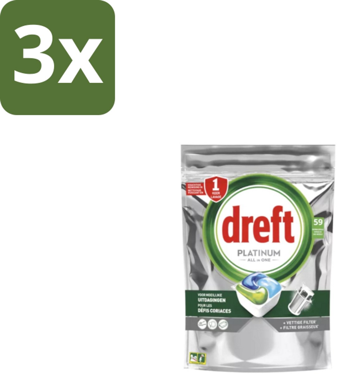 3 x Dreft – Vaatwastabletten – Platinum All-in-One Original – 59 Tabletten - Vaatwastabletten - Vaatwasser - Reiniging - Ontvetting - Zout