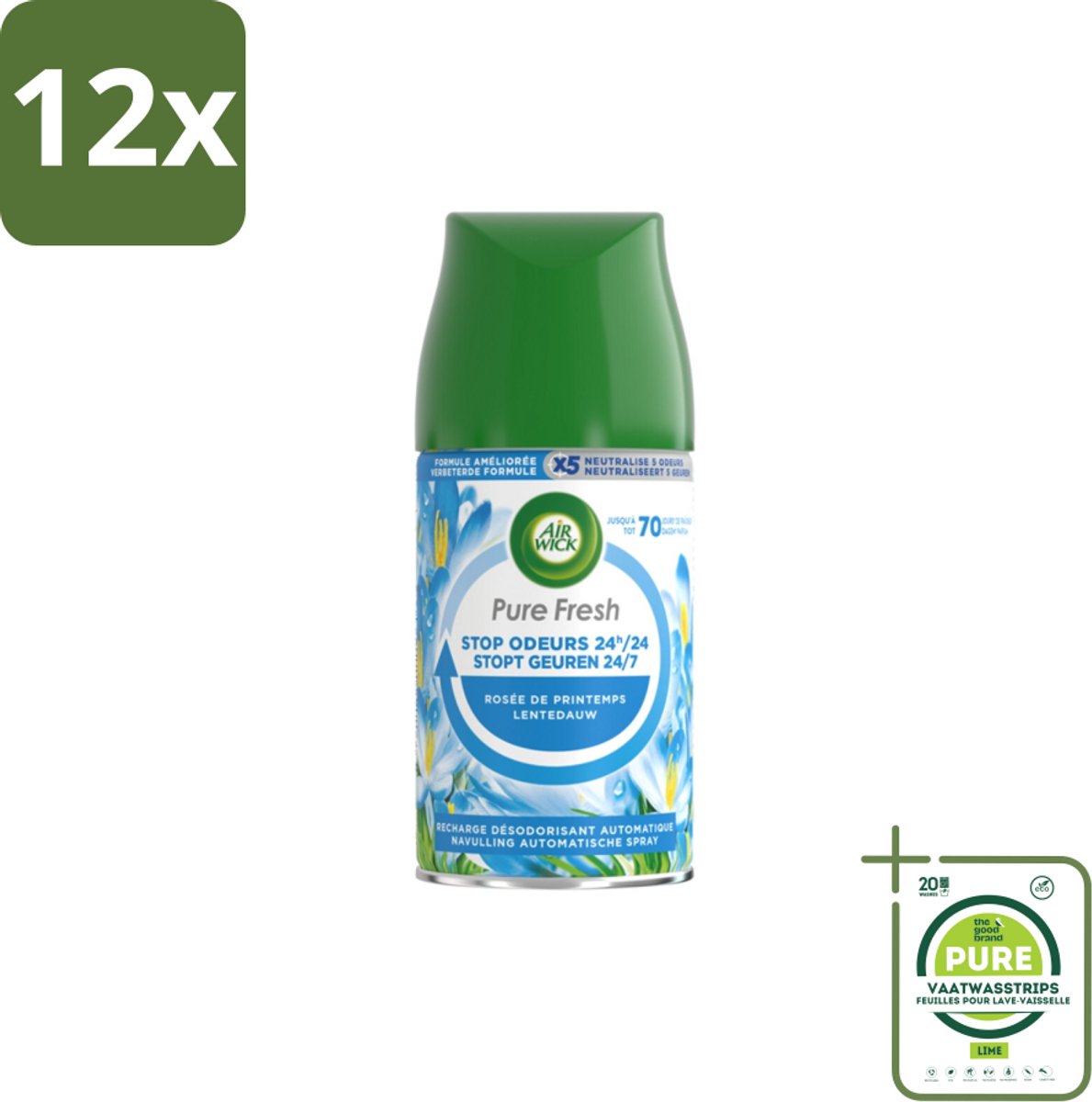 Air Wick Freshmatic Automatische Spray Luchtverfrisser Navulling Pure Fresh Lentedauw 250 ml - Voordeelverpakking - 12 stuks - Lentedauw - Geur