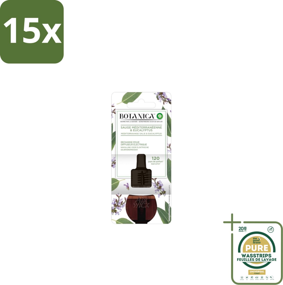 15 x Air Wick – Navulling – Botanica Mediterrane Salie & Eucalyptus – 19 ml - Grootverpakking - Natuurlijke Geur - Salie En Eucalyptus - Luchtverfrissers - Aromatische Navulling - Essentiële Oliën
