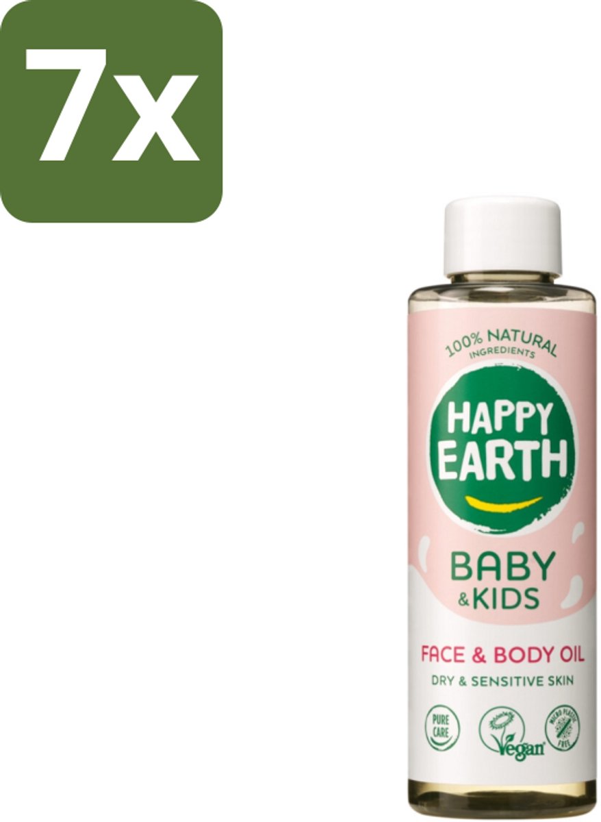 7 x Happy Earth – Face & Body Oil – 100% Natuurlijk Baby & Kids – 150 ml - Babyolie - Gezichtsolie - Lichaamsoil - Gezicht En Lichaam - Gevoelige Huid