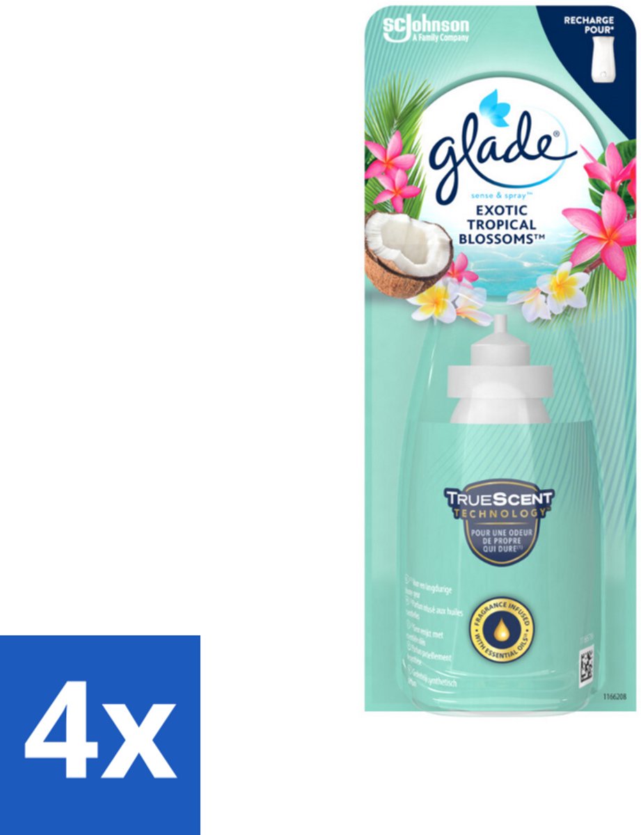 4 x Glade – Sense & Spray Navulling – Exotic Tropical Blossoms – 18 ml - Tropische Geur - Bewegingssensor - Kokos En Bloemen - Luchtverfrisser - Exotische Geur