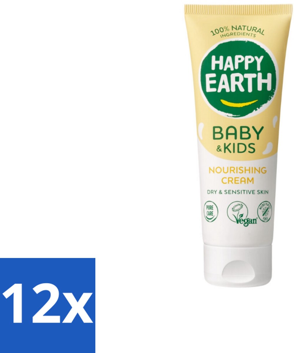 12 x Happy Earth – Nourishing Cream – 100% Natuurlijk Baby & Kids – 75 ml - Natuurlijke Crème - Gevoelige Huid - Baby Crème - Droge Huid - Sheaboter