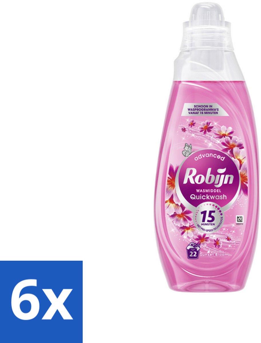 6 x Robijn – Vloeibaar Wasmiddel – Advanced Quickwash Sunset Bloom – Pro-Speed Technologie - 837 ml - Snel Wasmiddel - 15 Minuten Was - Vloeibaar Wasmiddel - Frisse Geur - Korte Wasprogramma