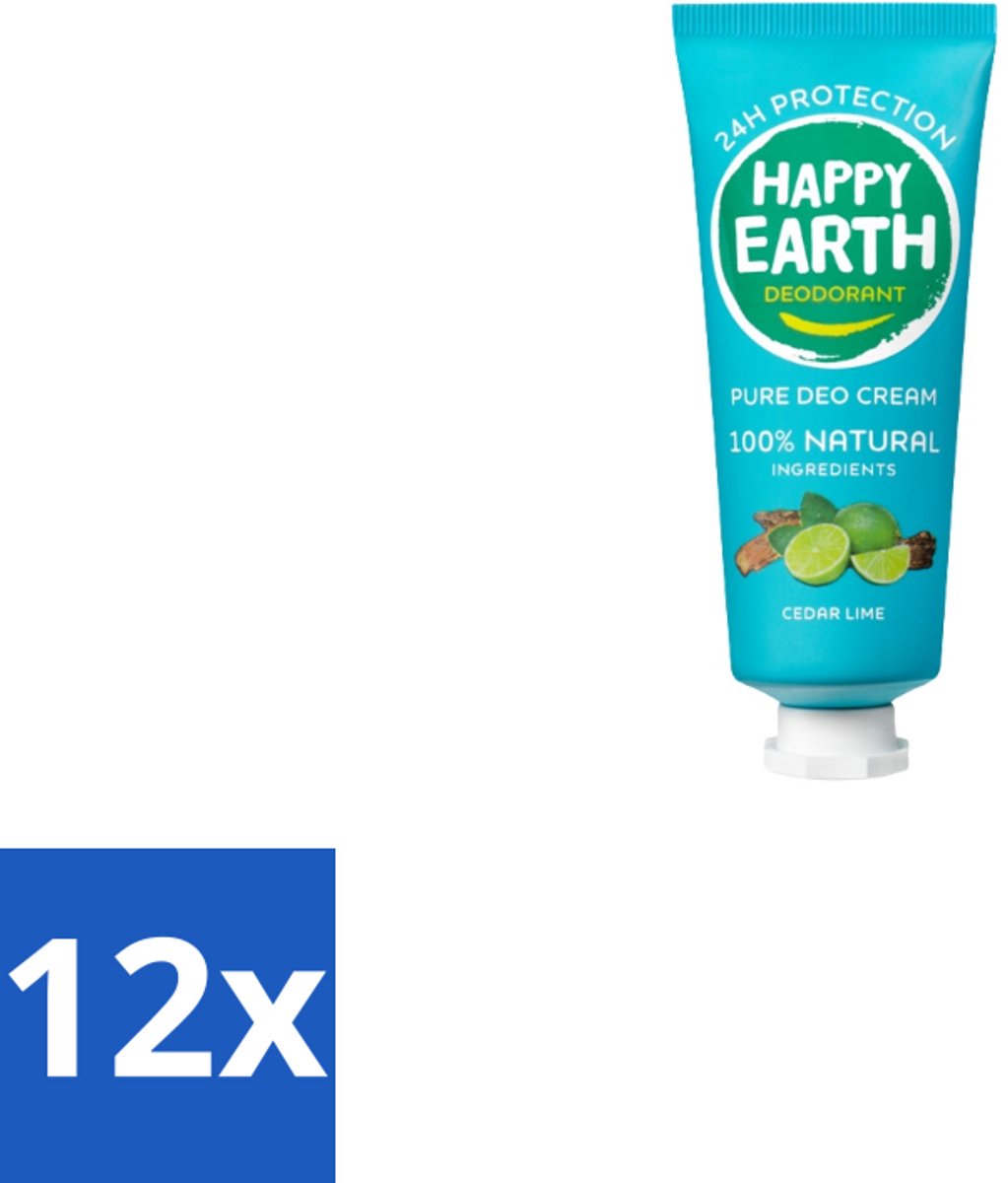 12 x Happy Earth – Deodorant Cream – 100% Natuurlijk Cedar Lime – 40 ml - Natuurlijke Deodorant - Deodorant Crème - Frisse Geur - Cederhout - Limoen