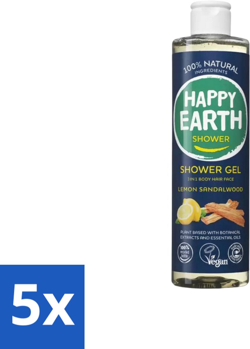 5 x Happy Earth – Douchegel – 100% Natuurlijk Men Protect – 300 ml - Douchegel Mannen - Natuurlijke Douchegel - Vegan Douchegel - 3-in-1 Douchegel - Gezichtsreiniging