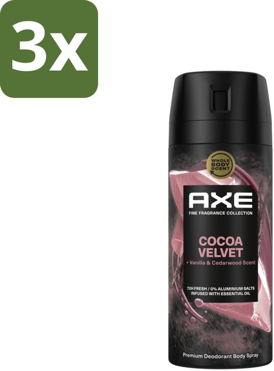 3 x Axe – Deodorant – Cocoa Velvet – 150 ml - Deodorant Bodyspray - Frisheid - Lichaamsgeur - Warme Geur - Vanille