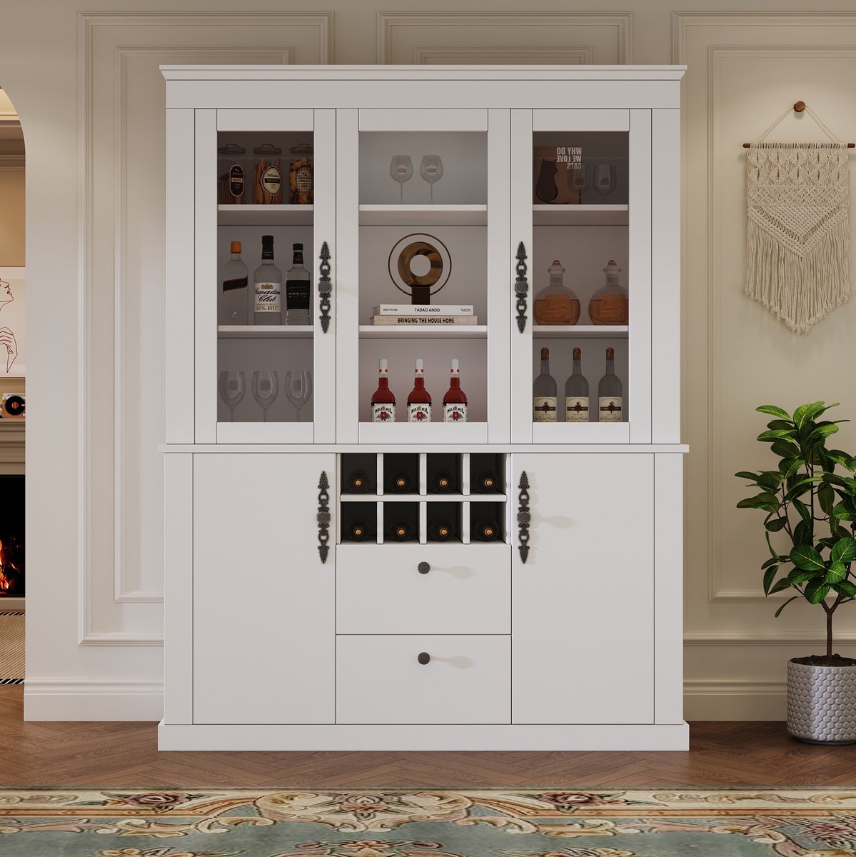 Wishdor Vitrinekast - Glas en LED verlichting - 2 lades 4 deuren 8 wijnvakken - Wit - Voor woonkamer en eetkamer - Hout en glas - 130 x 37,5 x 170,5 cm