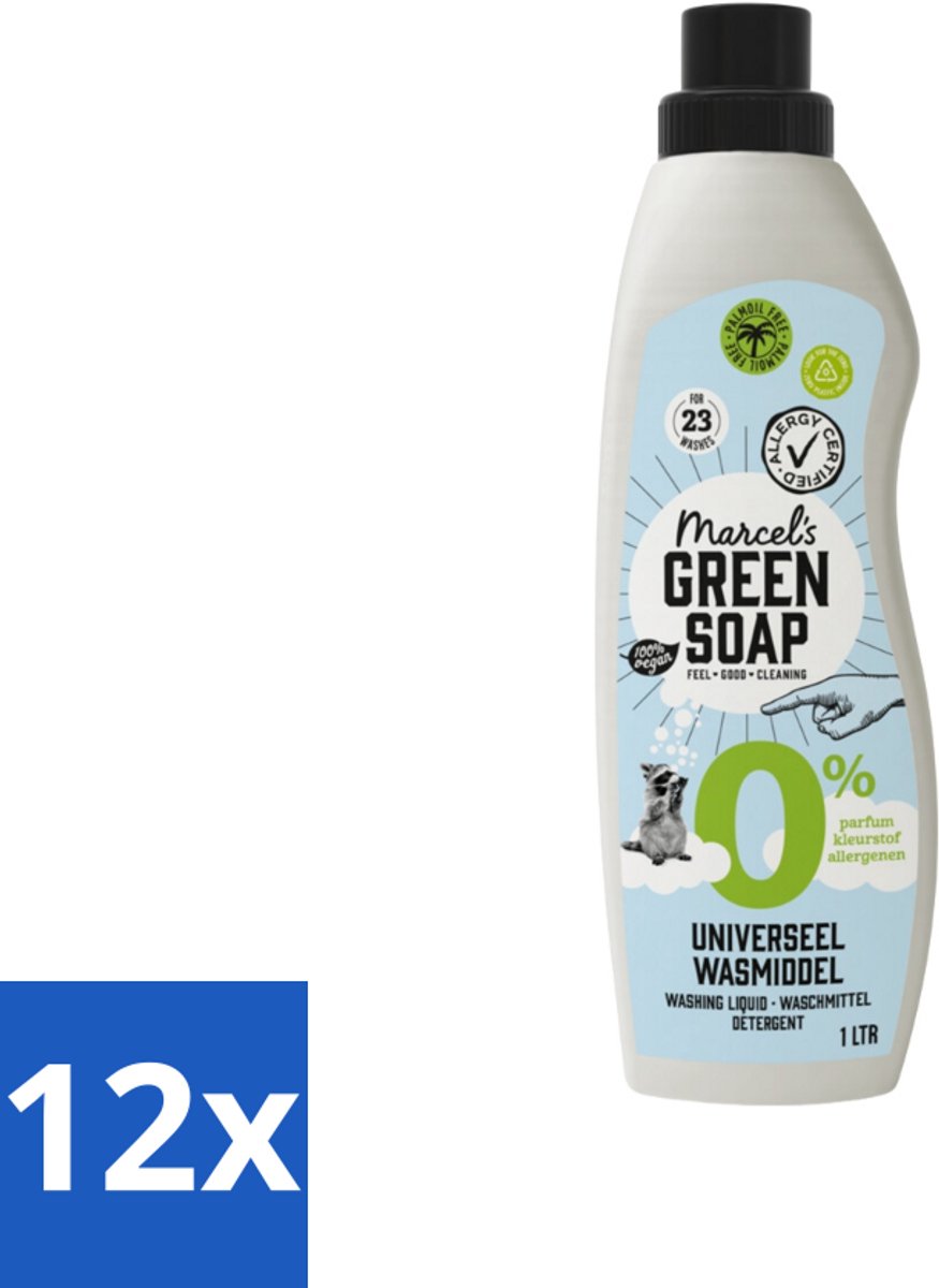 12 x Marcel’s Green Soap – Wasmiddel – Universeel - 0% – Zonder parfum en kleurstof – 1 liter - Wasmiddel 0% Parfum - Gevoelige Huid - Milde Wasmiddel - Duurzame Wasmiddel - Geen Kleurstoffen
