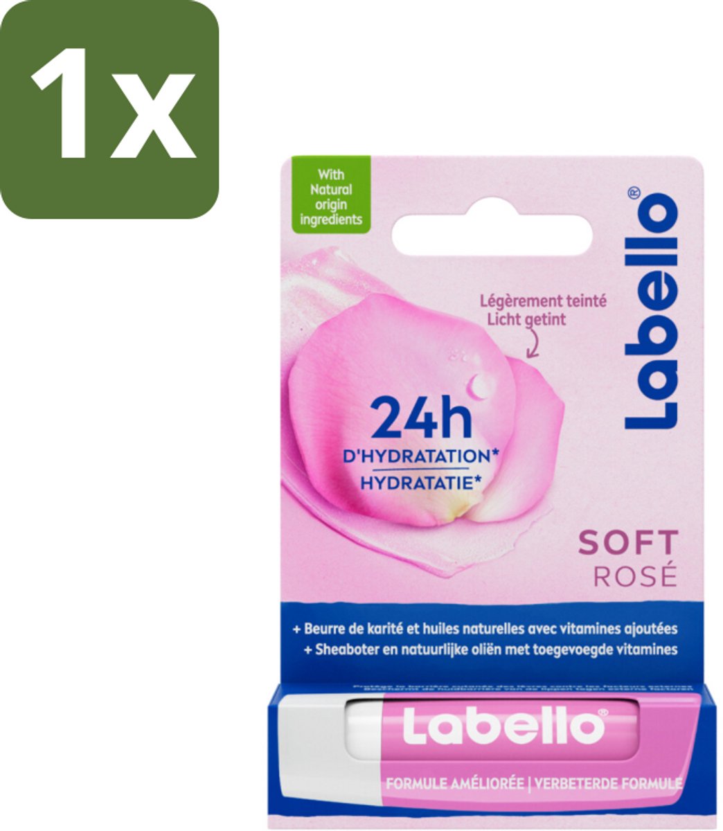 1 x Labello – Lippenbalsem – Soft Rosé – Lippenbalsem – 24H Hydratatie - Lippenbalsem - Hydratatie - Roze Glans - Natuurlijke Lippenbalsem - Rozenextract