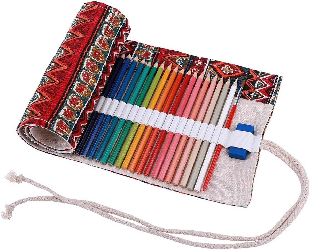 Hand Roll Up Pen Tas - Canvas Organizer voor 36 Kleurpotloden, Tekenpennen en Pennen voor Kinderen en Volwassenen