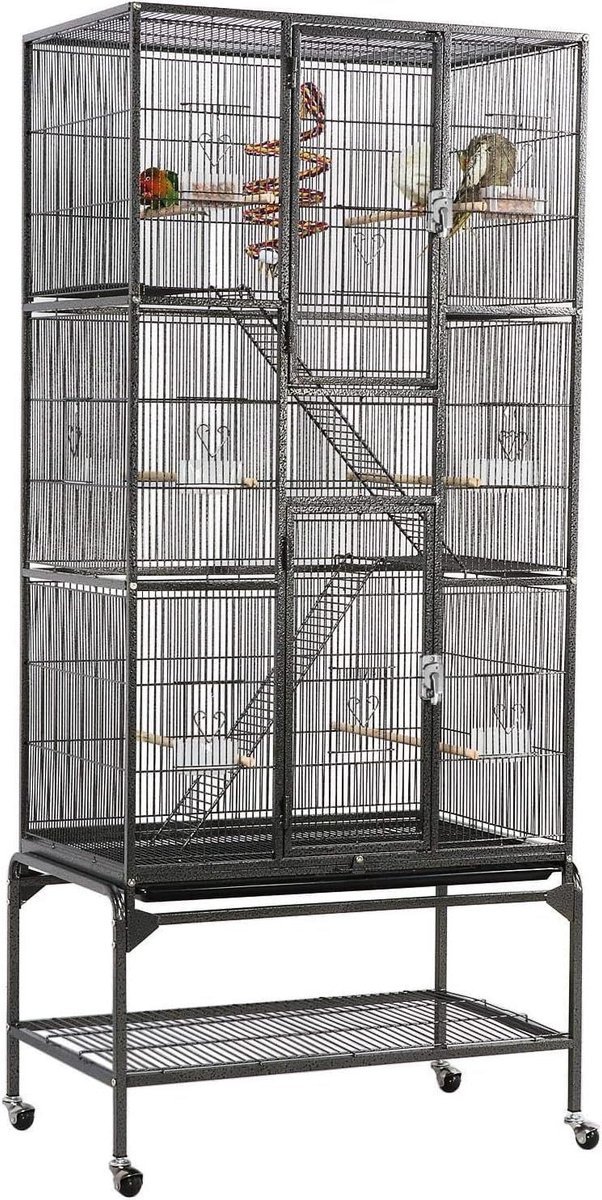Grote Vogelkooi - Papegaaienhuis - Vogels Huisvesten - Verrijdbaar Met Remmen - 74 x 37 x 139 cm - Zwart