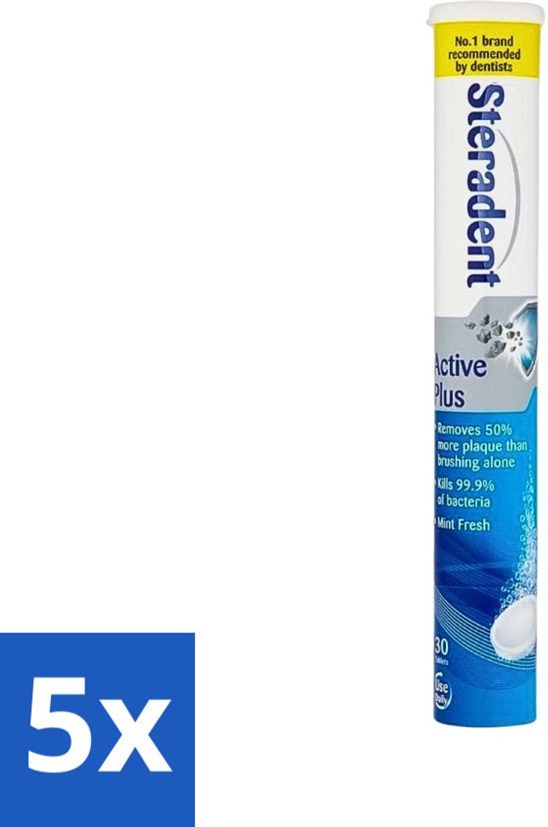 Steradent - Reinigingstabletten - Active Plus - Tegen Tandsteen & Bacteriën - 30 Tabletten - Bulkverpakking - 5 stuks