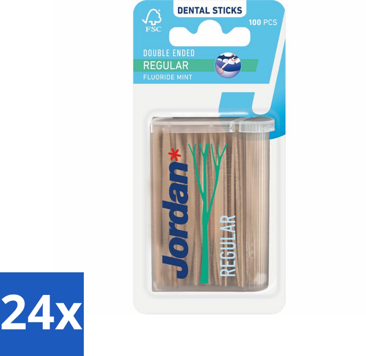 24 x Jordan Tandenstokers Double Ended Regular 100 stuks per verpakking - Tandenstoker - Tandenstokers - Tanden Reinigen - Tandplak Verwijderen - Interdentale Ruimte Reinigen