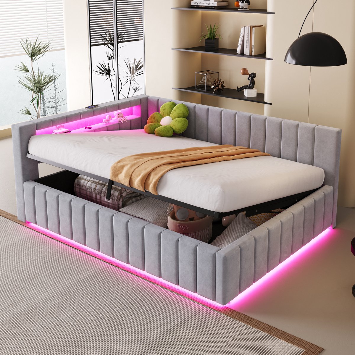 Slaapbank 140x200 cm - Met Opbergruimte - Met LED-verlichting - Met USB-aansluiting - Grijs