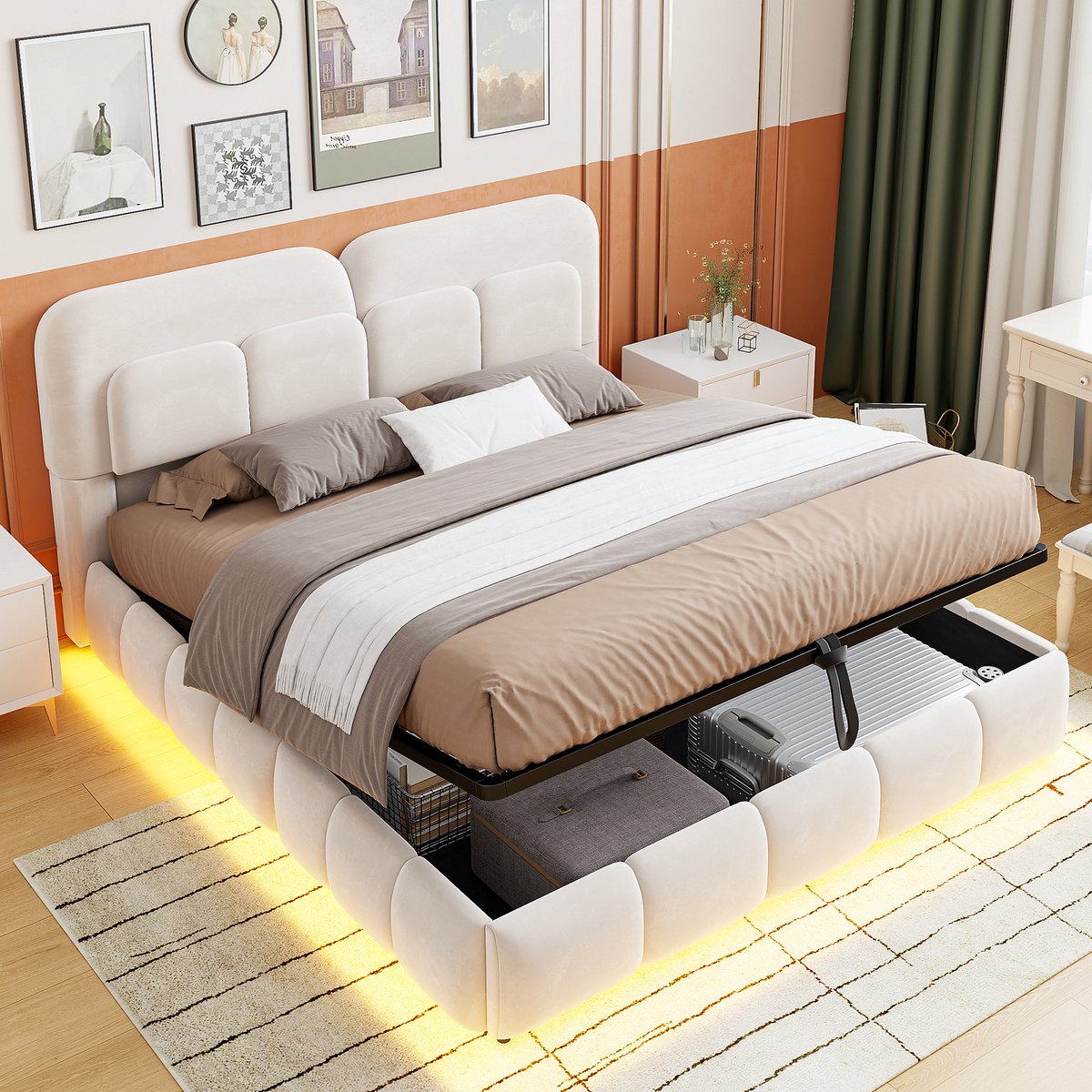 Gepolsterd Bed 140x200 cm - Met Hoofdeinde - Met Fluweel - Met LED-verlichting - Beige