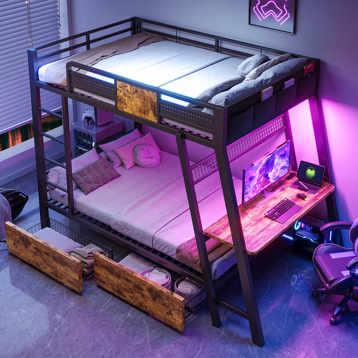 Stapelbed 90x200 cm - Met Opbergruimte - Met LED-verlichting - Met USB-aansluiting - Zwart